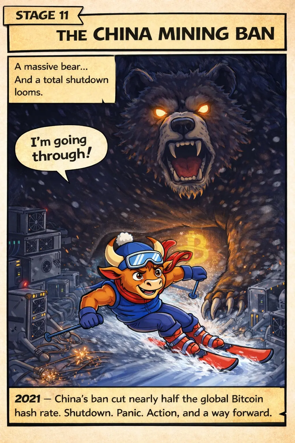 Bullski sliding through a tiny gap beneath a giant bear blocking the path