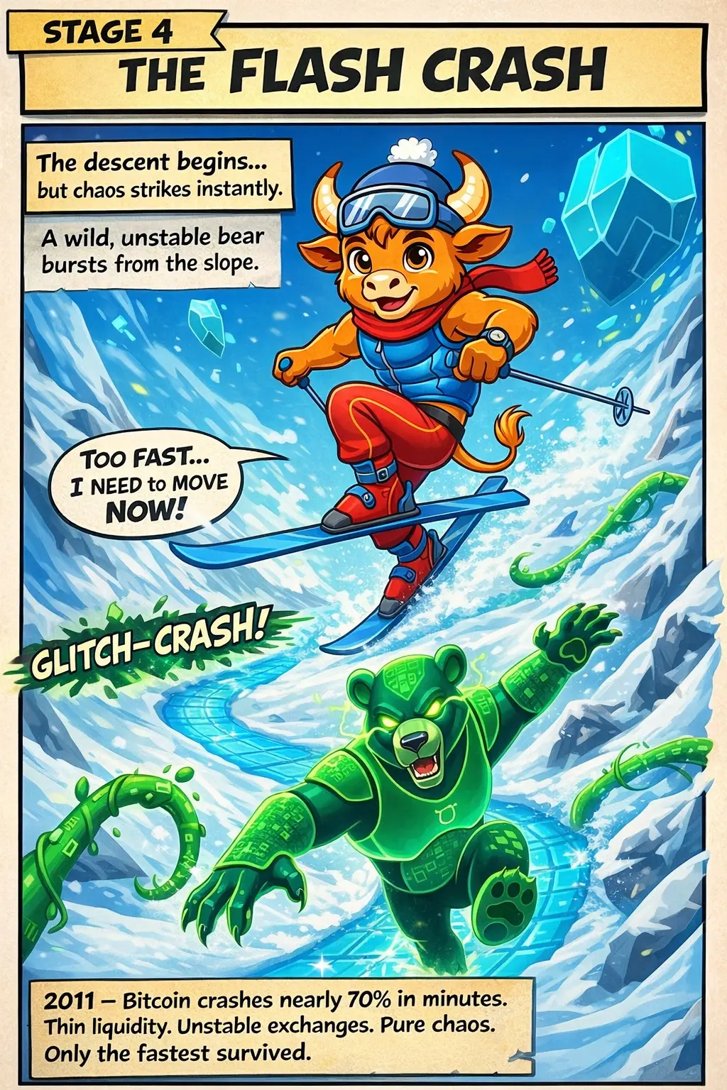 Bullski dodging a jittery bear on the icy mountain slope