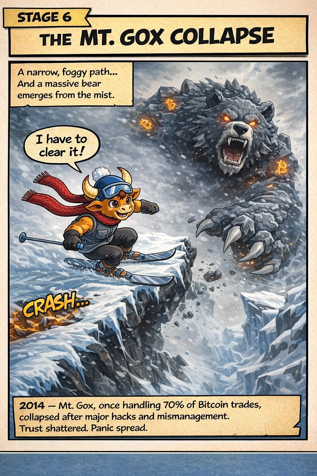 Bullski leaping across a thin ridge edge past the Mt. Gox bear in the fog