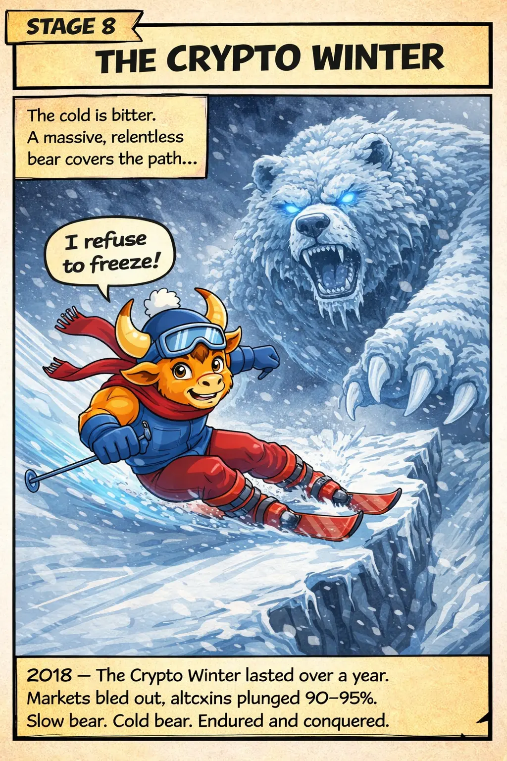 Bullski powering past a massive frost-covered bear blocking the slope